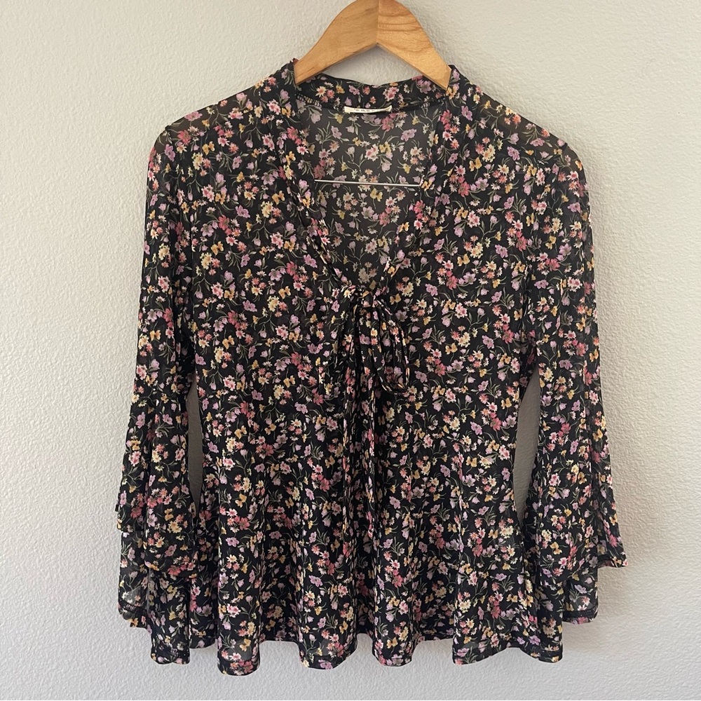 Ember Ditsy Floral Bow Bell Sleeves Sheer Blouse Size M